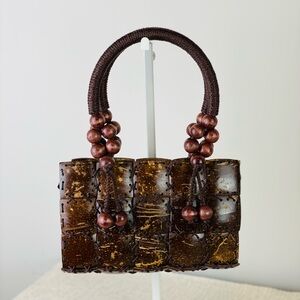 Handmade Vintage Carved Coconut Shell Boho Tropical Thai Wooden Small hand bag
